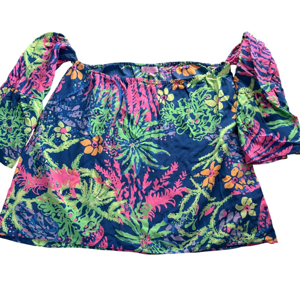 Lilly Pulitzer Silk Off The Shoulder Tropical Floral Bell Sleeve Top Small Blue